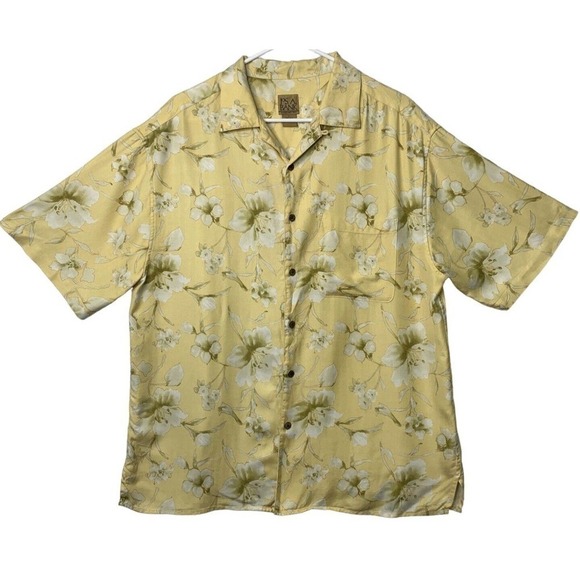 Jos A Bank Hawaiian Shirt Mens Large Yellow White Flowers Silk Relaxed Aloha - Picture 1 of 11